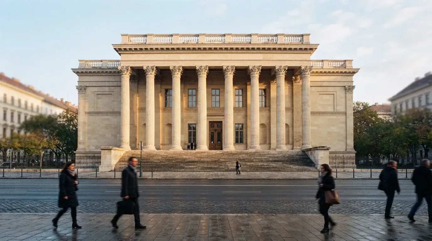 Kőoszlopos, kormányzati jellegű épület homlokzata Budapesten kora reggel, előtte átsétáló emberek, felirat és címer nélkül.