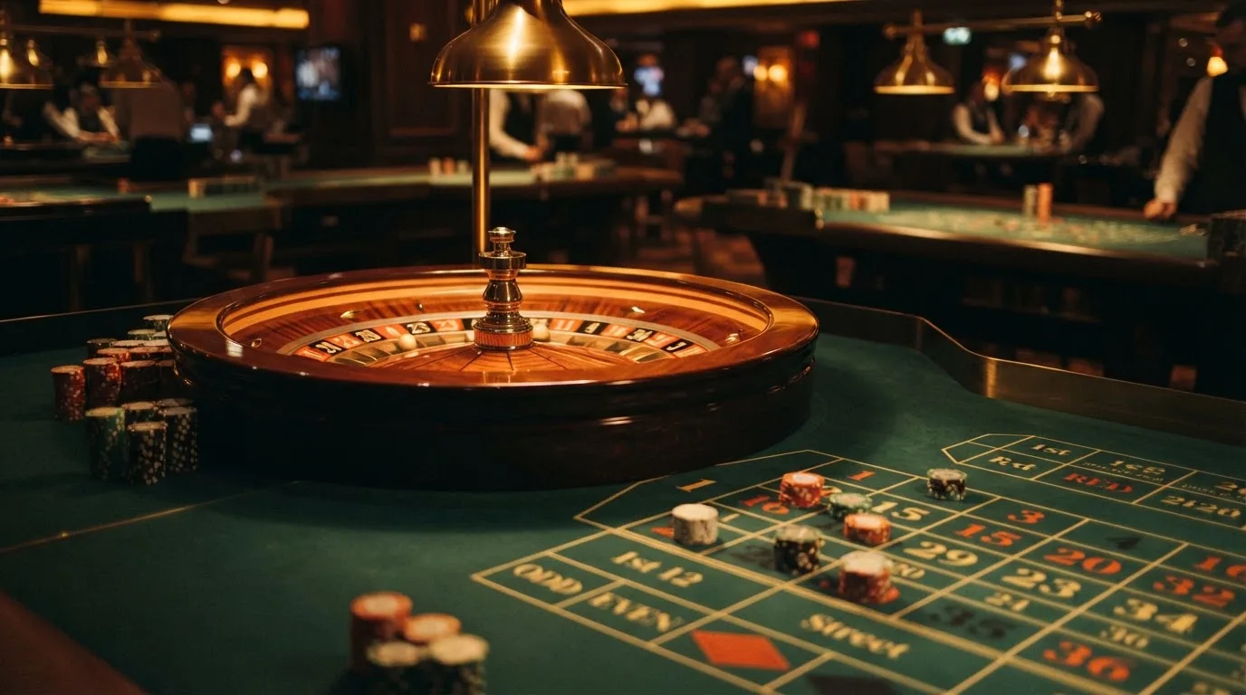 Rulettkerék és zsetonok zöld posztón, meleg esti fényben — blackjack játék magyarországon