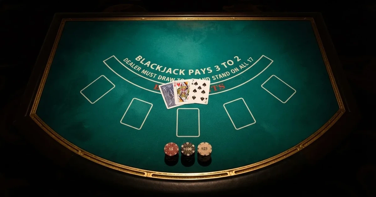Megvilágított játékasztal kártyákkal, felülnézetből — blackjack játék magyarországon
