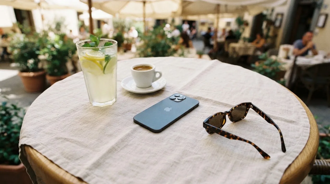 Madártávlati fotó asztalról: pohár limonádé, kávé, képernyővel lefelé fordított telefon és napszemüveg, nyugodt szabadidős hangulat.