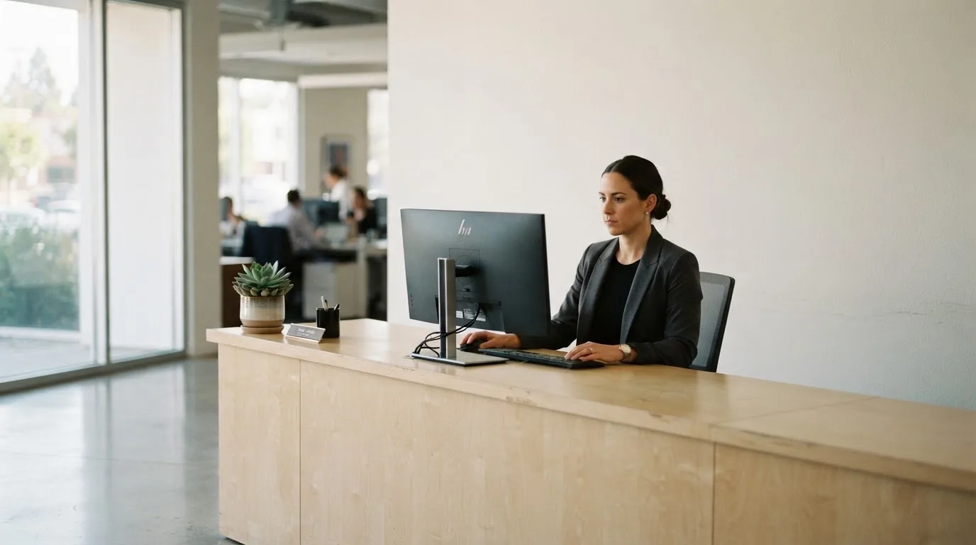 Modern irodában recepciós pult és mögötte dolgozó ügyintéző, nappali fény, nyugodt, hivatalos hangulat, olvasható felirat nélkül.
