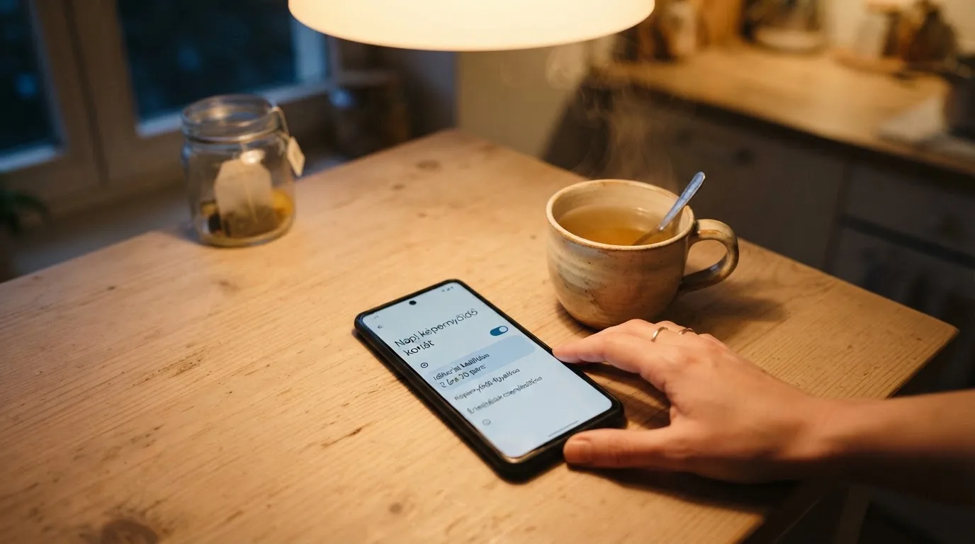 Kéz tart egy mobiltelefont egy csésze tea mellett a konyhaasztalon egy nyugodt estén — kaszinó szerencsejáték magyarországon