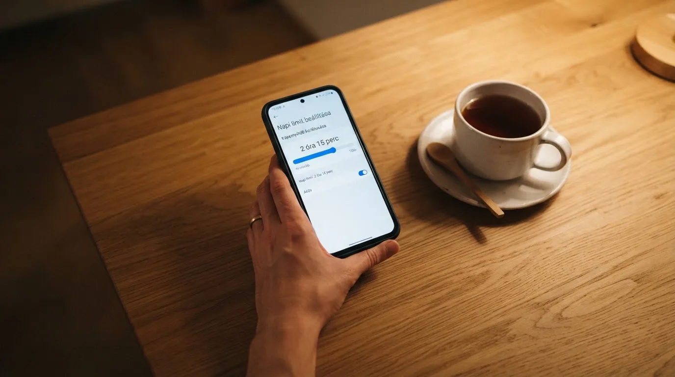 Kéz tart egy mobiltelefont egy csésze tea mellett a konyhaasztalon egy nyugodt estén — külföldi magyar kaszinók