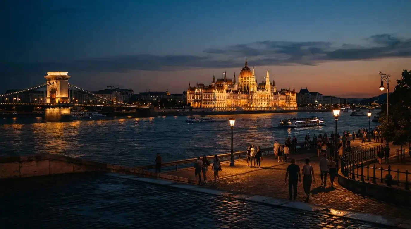 Budapesti belváros esti látképe a Duna-parttal és a Parlament sziluettjével, járókelők a rakparton, megvilágított hivatali épületek.